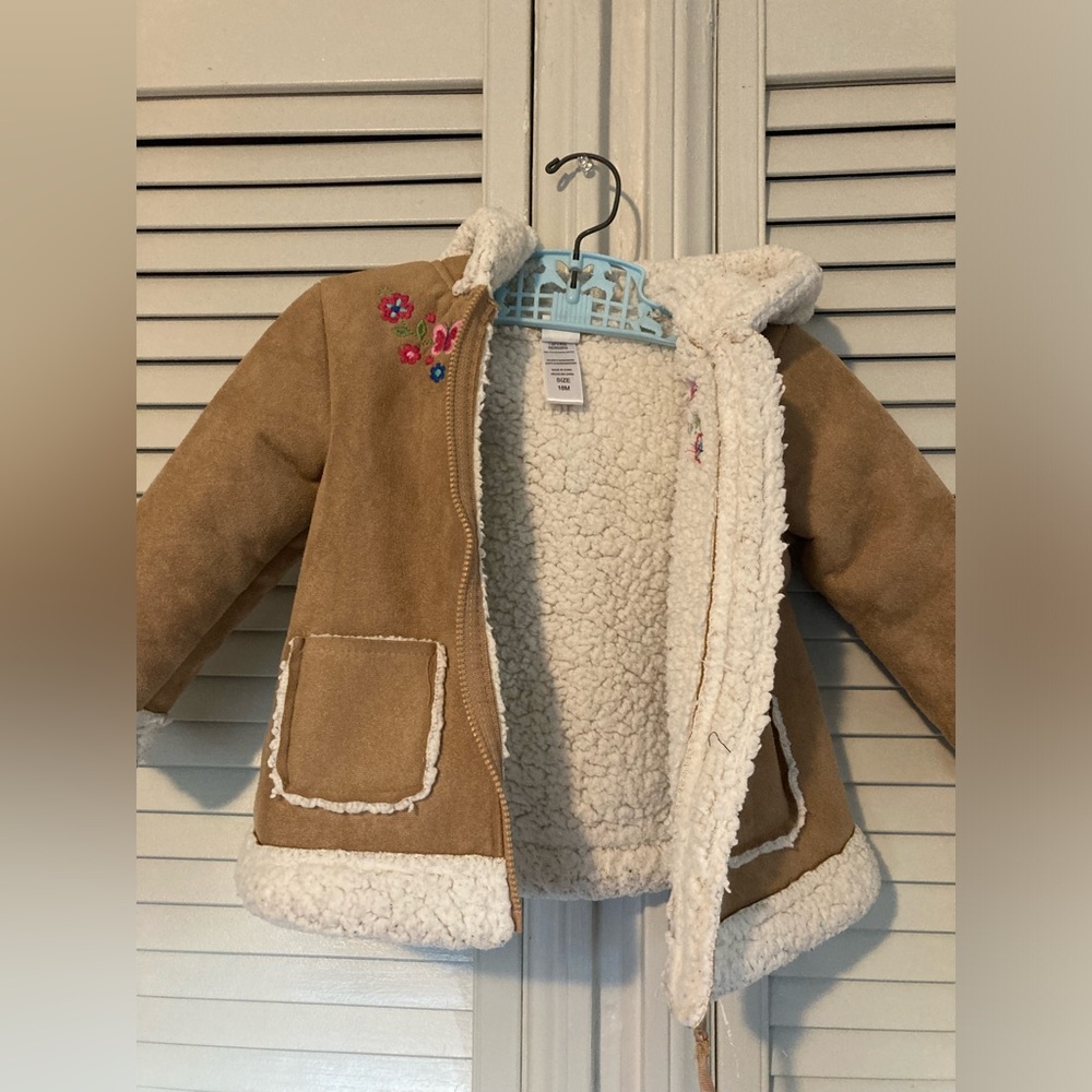 🌵 Little Me Girls Tan Suede Jacket Coat Floral Fleece Hoodie Zipper 18M Warm - Picture 5 of 12